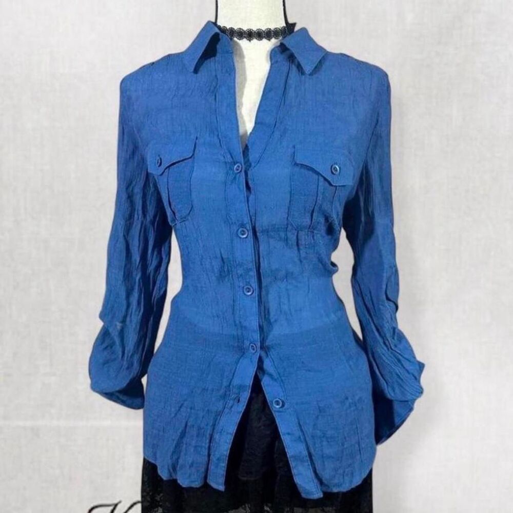 Y2K Preppy Dark Blue Collared Long Sleeve Button Up Top